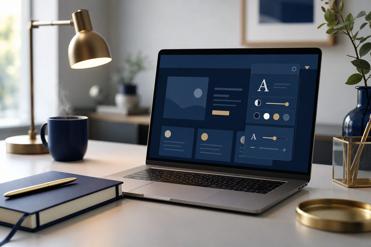 Laptop mit Barrierefreiheits-Hilfsmitteln auf dem Bildschirm – Symbol für zugängliche Websites
