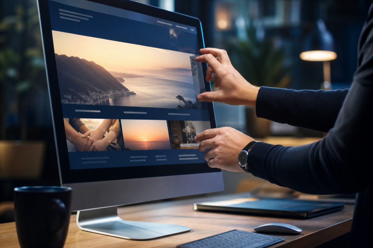 Professionelle Hände bei der Pflege einer Website am Bildschirm – Symbol für Website-Betreuung