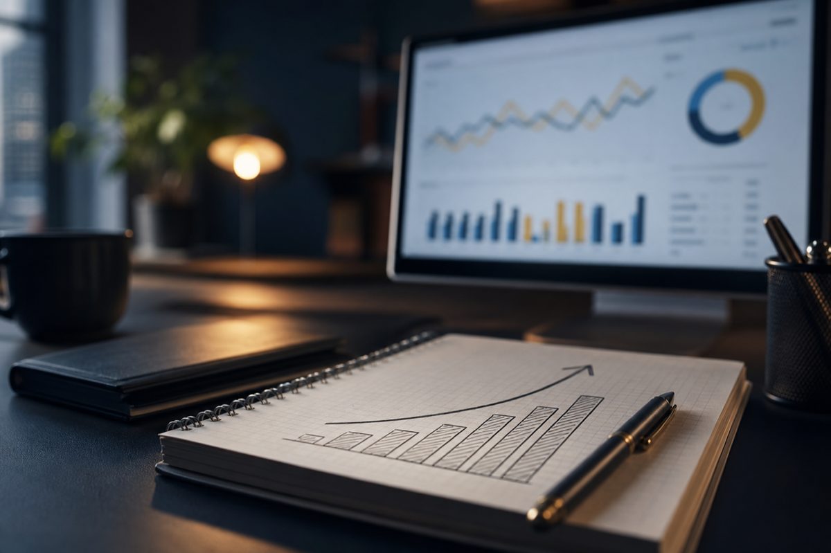Notizbuch mit Wachstumsskizze vor Analyse-Monitor – Symbol für SEO und Sichtbarkeit