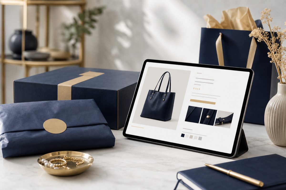 Tablet mit Onlineshop-Produktseite neben Verpackung – Symbol für Webshop-Erstellung
